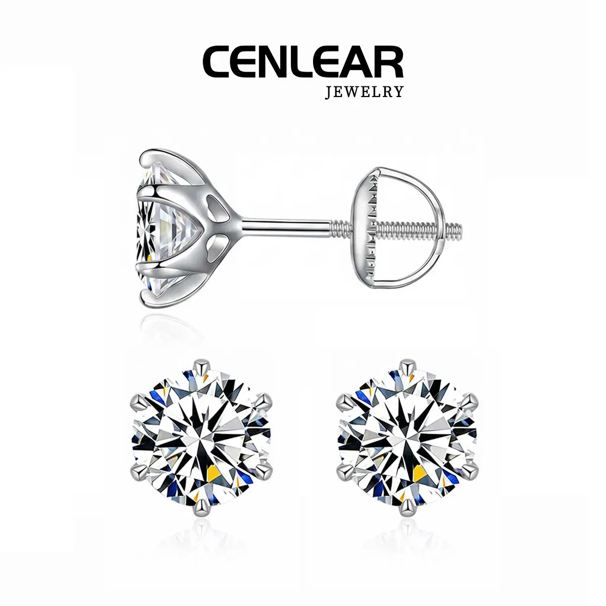 CENLEAR 14K gold-plated 1-3 carat moissanite stud earrings, VVS1 Moissanite Screw Back Stud Earrings for Women Men, 6-Prong Round Brilliant Cut Hypoallergenic Jewelry Gift， 【Passes Diamond Tester】 Ear Piercings