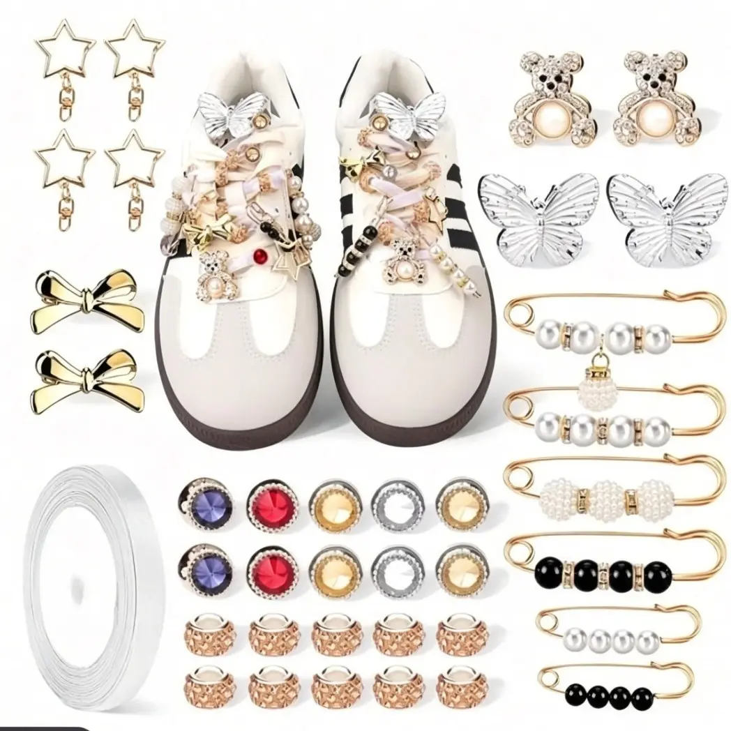 37-Piece Sports Shoe Charms Set, Letter Beads, Pins, Pearl and Rhinestone, Women's Casual Sock Charms, Ideal for Shoes and Socks