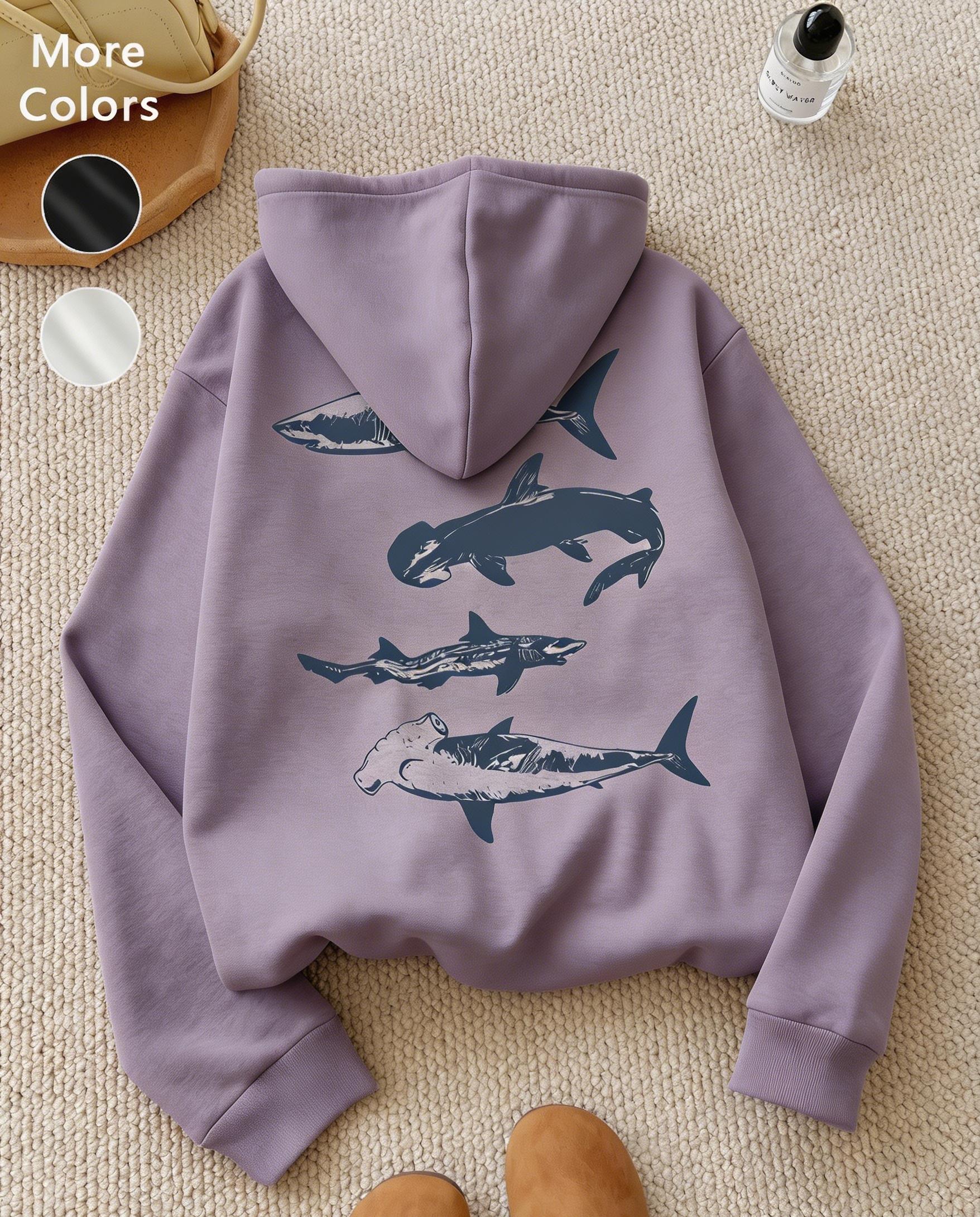 Women's Wool Aesthetic Hoodie, Loose Long-Sleeve Pullover for Autumn and Winter, Shark Print Casual Daily Wear, Unisex Fashion Top