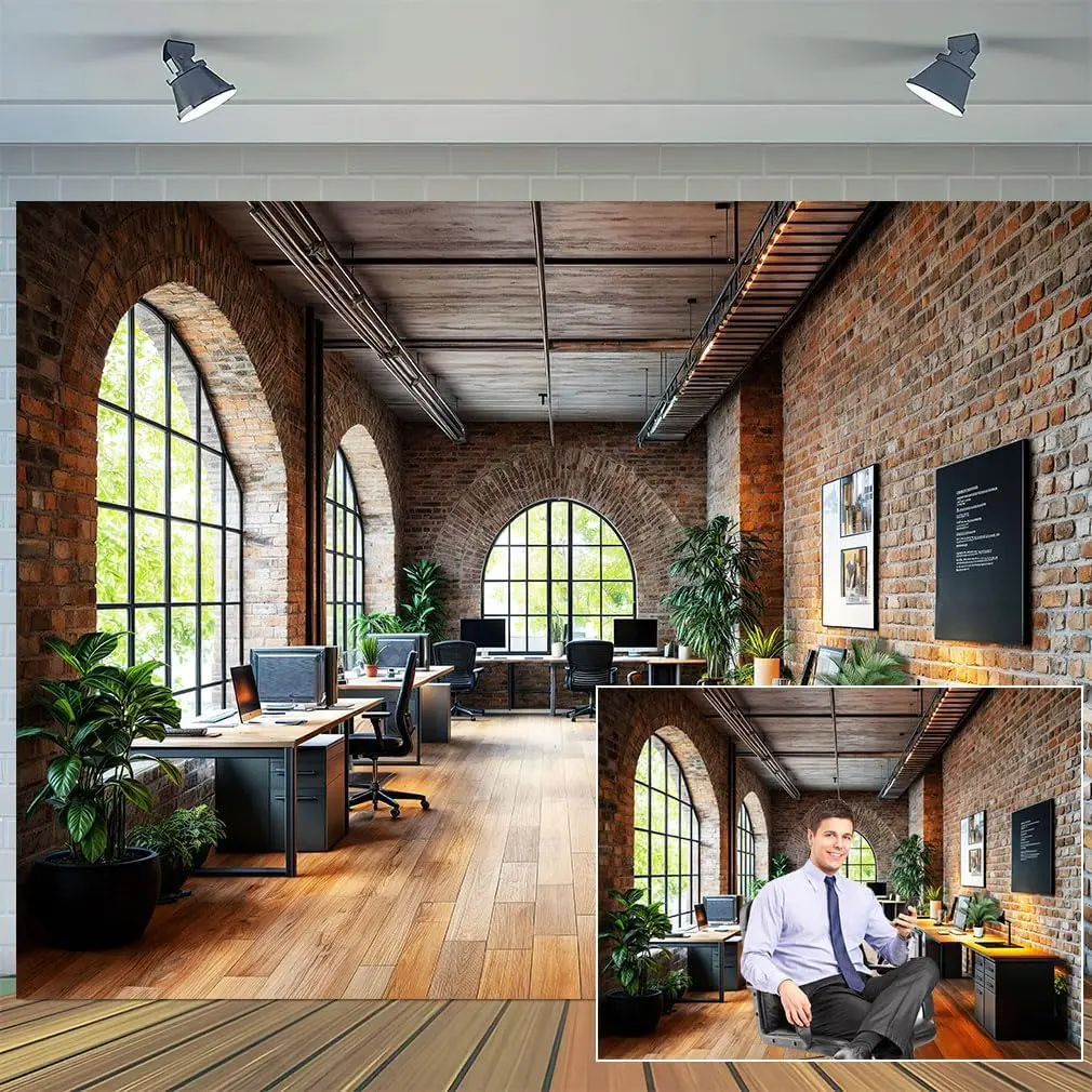 10 x 8 ft Office Backdrop for Video Conference Retro Business Interior Interior Brick Wall Photography Background   Office Photoshoot Portrait Photo Studio Props