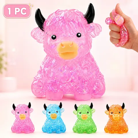 1/4PCs Highland Cow Squishy Fidget Toy with Glitter, Soft Slow Rising Maltose-Filled Sensory Squeeze Stress Relief Ball, Cute Animal Desk Toy for Adults, Cow Lovers, Office, Home and Travel, Fidget Squishies