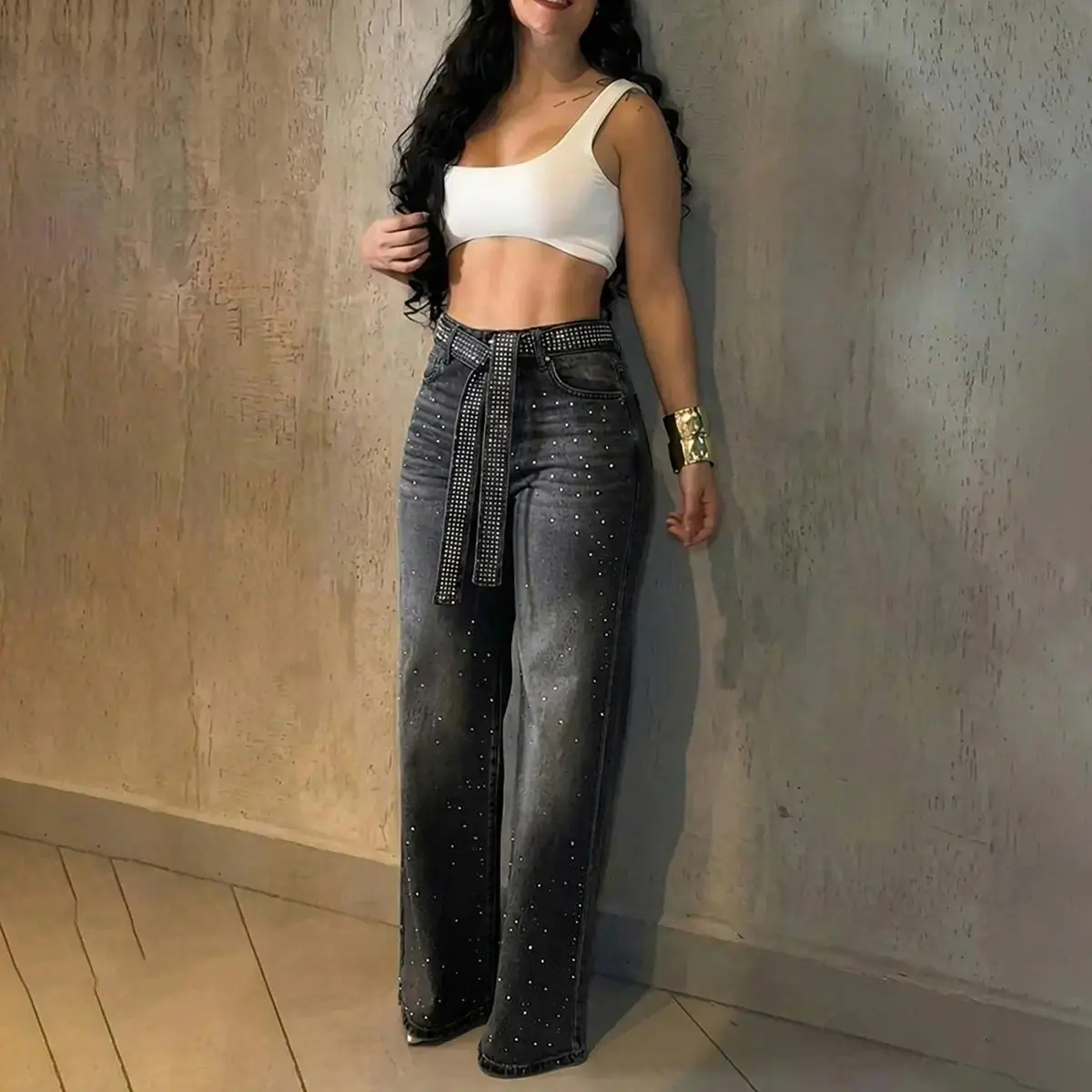 Women’s High Waisted Rhinestone Wide Leg Jeans, Loose Fit Denim Pants with Zipper Fly and Rhinestone Belt, Casual Blue Bottoms