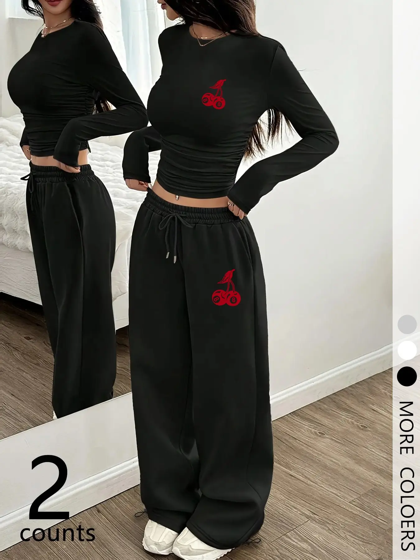 Women Sweet Cool Two Piece Matching Outfit Soft Stretch Knit Crew Neck Long Sleeve Full Side Vertical Ruched Slim Crop Top Red Cherry Embroidery High Waist Elastic Drawstring Loose Wide Leg Jogger Sweat Pant With Cuff Tie Co-ord Set 3 Colors Black White G