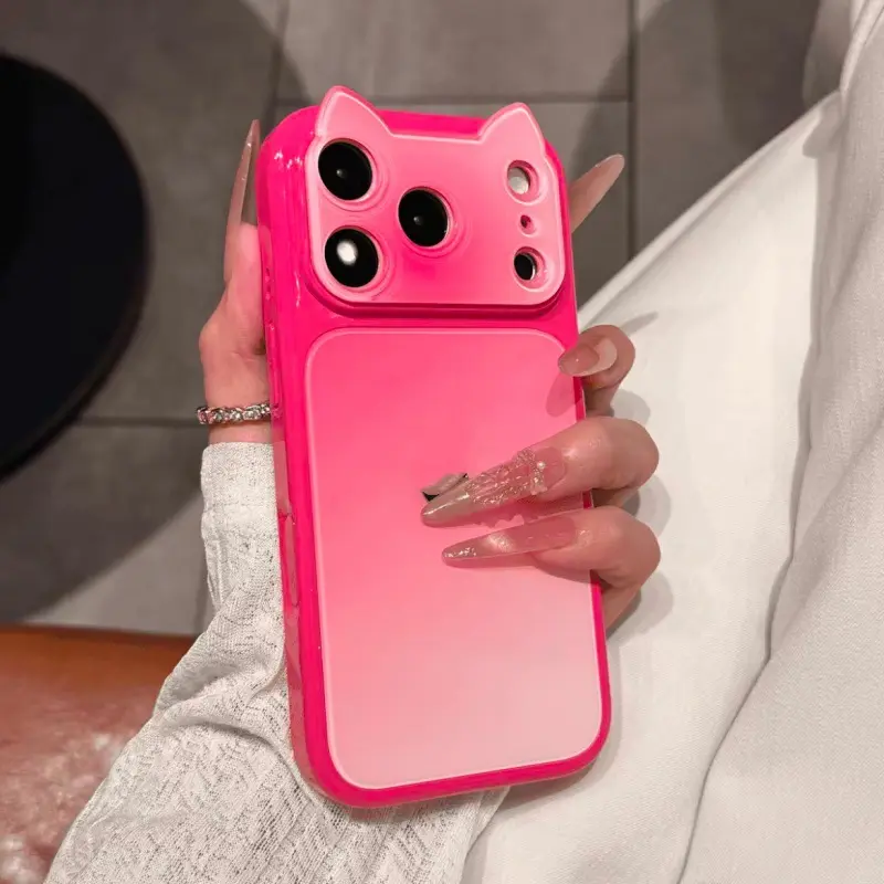 Cute Color-Blocking Gradient 3D Cat Ear Phone Case for iPhone 17 Pro Max, Full Coverage Fit for iPhone 16 Pro, 15, 14