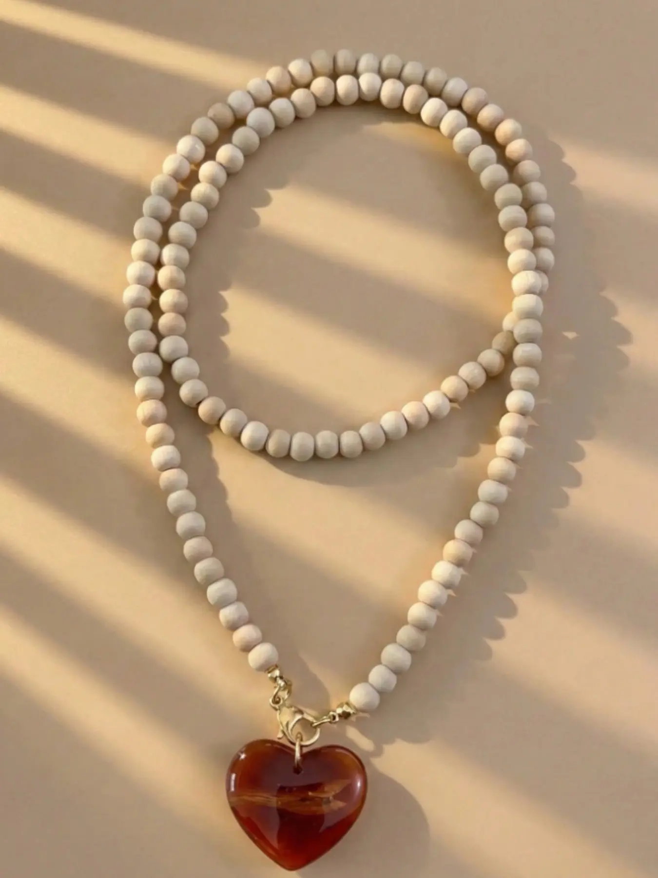 Wood Beaded Necklace for Women, Handmade Long Necklace, Amber Color Heart Charm, Vintage Boho Fashion Jewelry, Valentine's Day Gift
