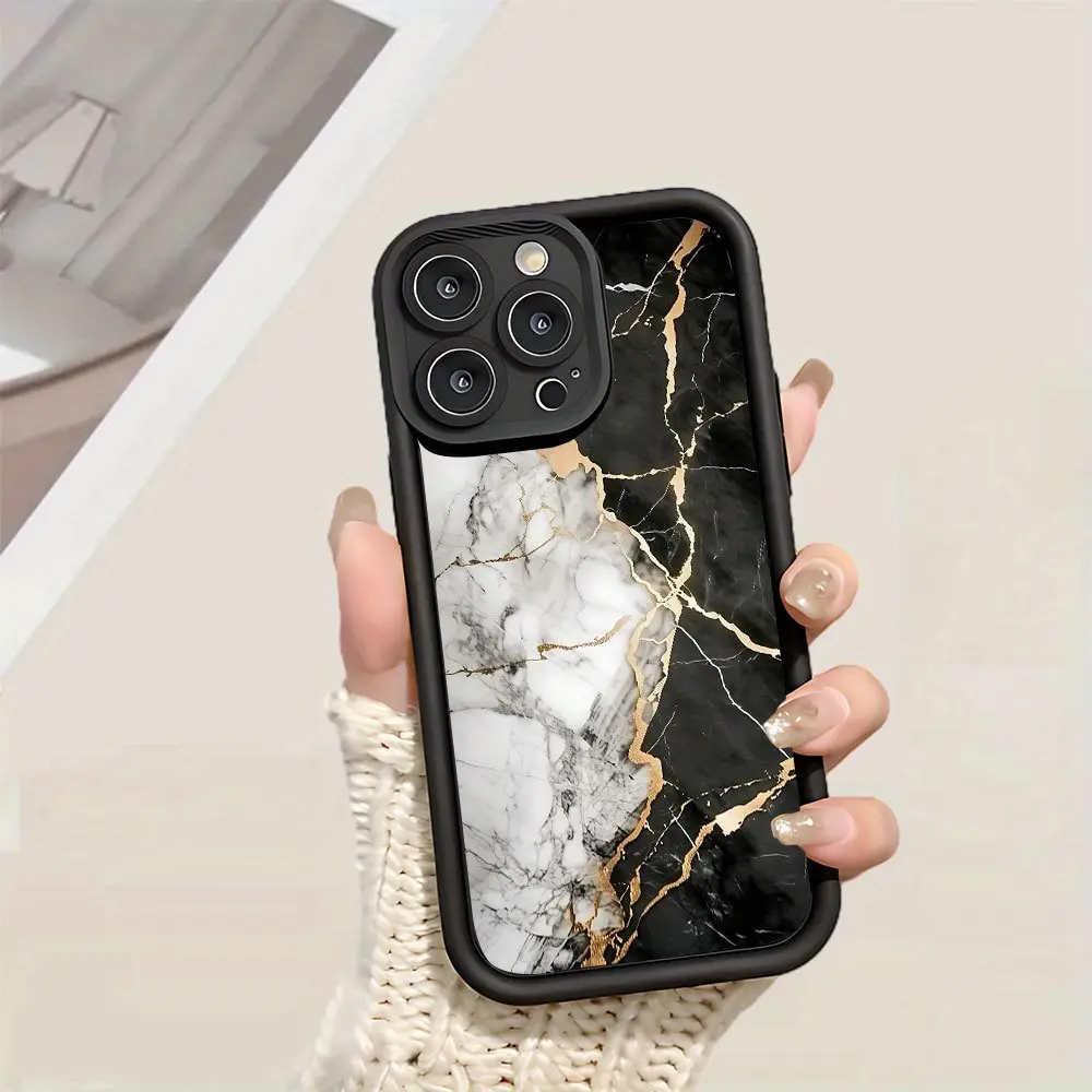 Phone Case: Black & White Marble with Golden Veins Pattern Phone Case Fashionable and Popular Shock - Proof Anti - Fingerprint Full Coverage Thick Protective Phone Soft Case Compatible with  iPhone 17 E Air 16 15 14 Pro Max Plus 13 12 Mini 11 X XS XR