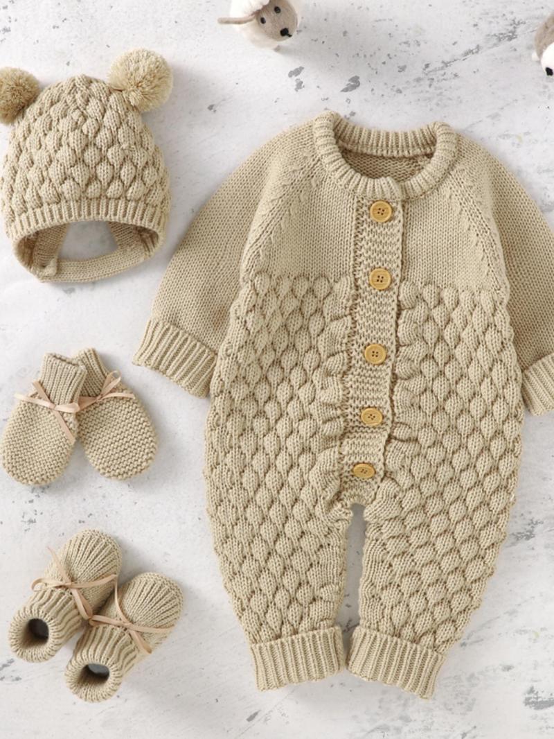 Baby's Button Front Sweater Jumpsuit & Pom Pom Decor Baby Bonnet & Bow Decor Mittens & Knit Baby Shoes Set, Cute Onesies Set for Newborn Infant Kids, Newborn Gift Set, Baby Clothing