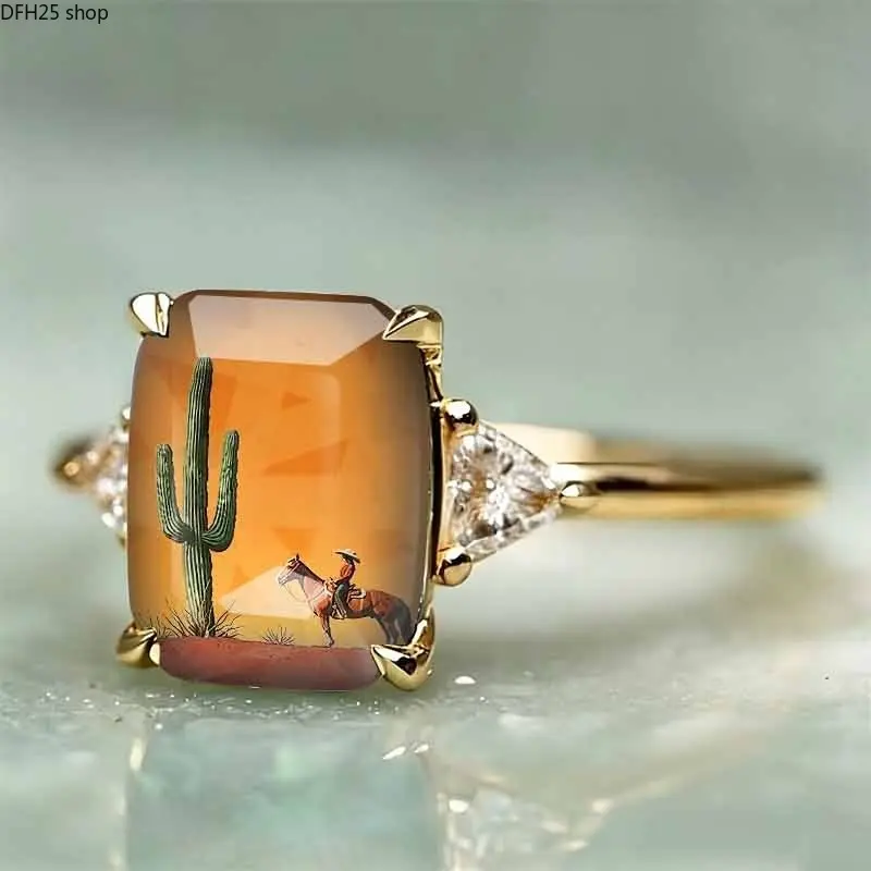 Vintage Western Open Ring For Women Gold Tone Alloy Band With Desert Cowboy Cactus Artwork Square Stone Design Adjustable Statement Jewelry For Daily Wear