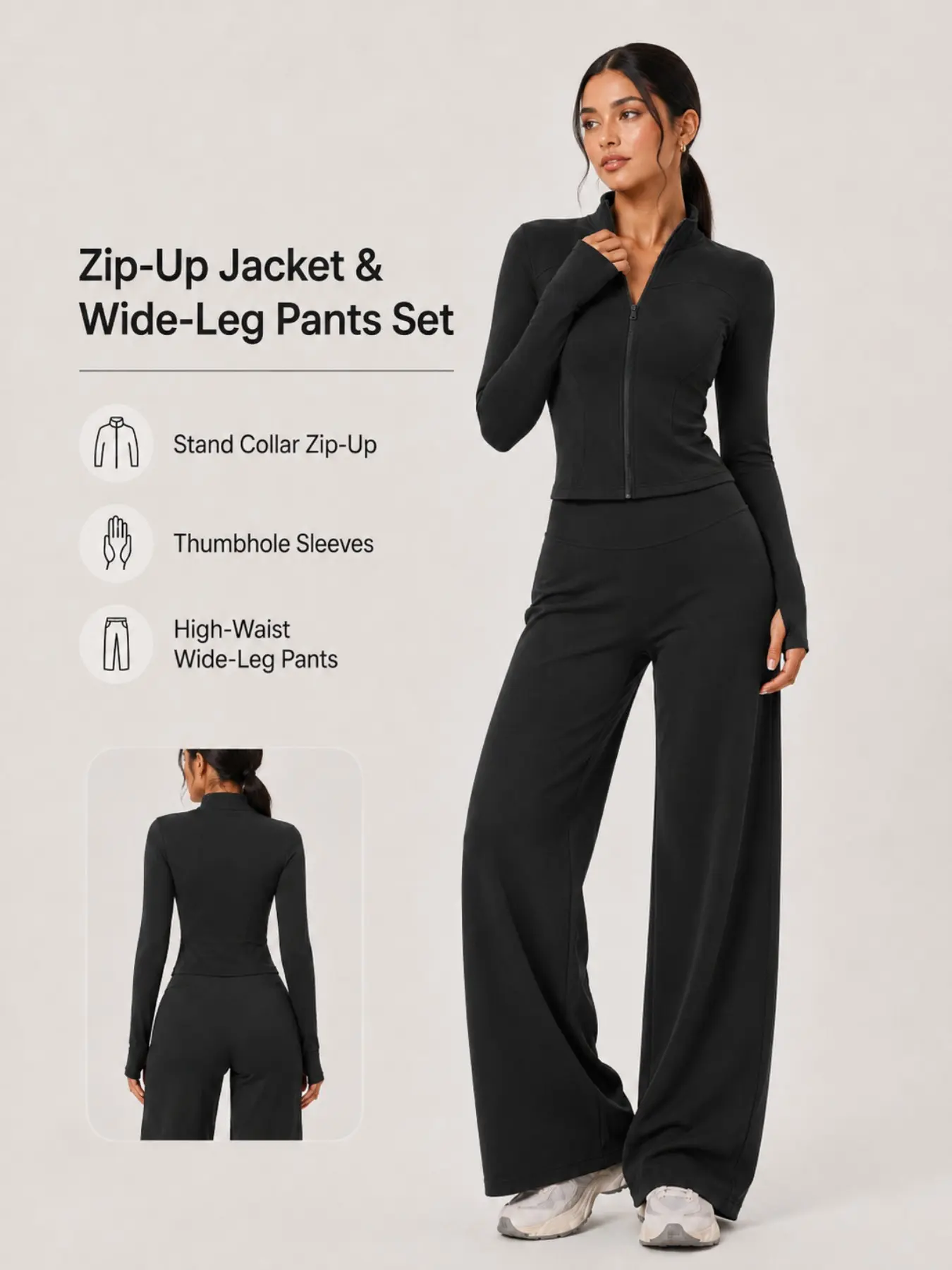 Women 2 Piece Workout Outfit, Mock Neck Zip Up Jacket With Thumb Holes & Stretch Straight Leg Pants, Casual Pilates Fitness Yoga Set For Autumn And Winter
