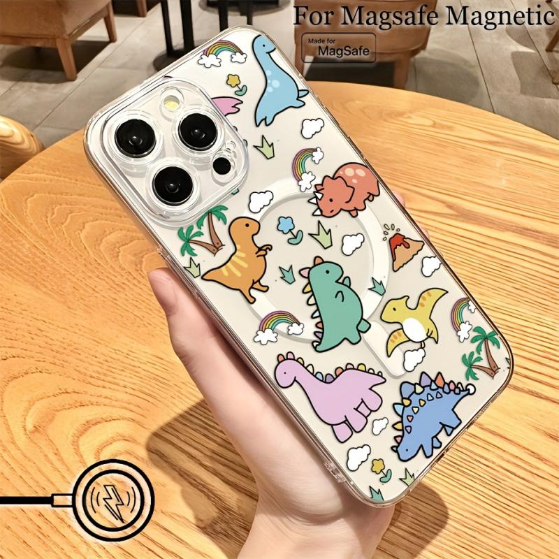 Cute Cartoon Dinosaur Pattern Phone Case Suitable for iPhone17 16 15 14 13 12 11  Transparent Magnetic Shockproof Soft TPU Back Cover, Phone Protection, Magnetic Attachment, Playful Design, Stylish Cover, Flexible Cover, Durable Material