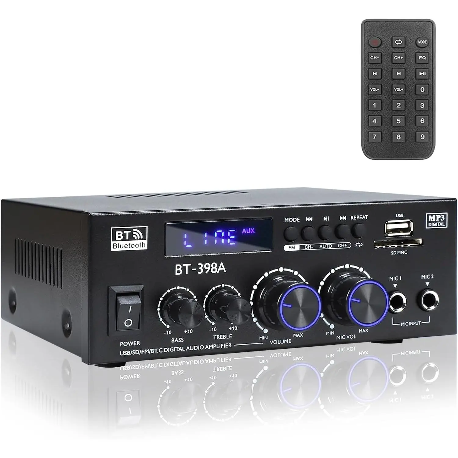 BT-398A Stereo Audio Amplifier, Receiver for Speakers Max 900W, 2.0  Stereo Receiver with FM Radio, USB/SD/AUX Optical & Coaxial Inputs,Amplifier  Audio for Passive Speakers