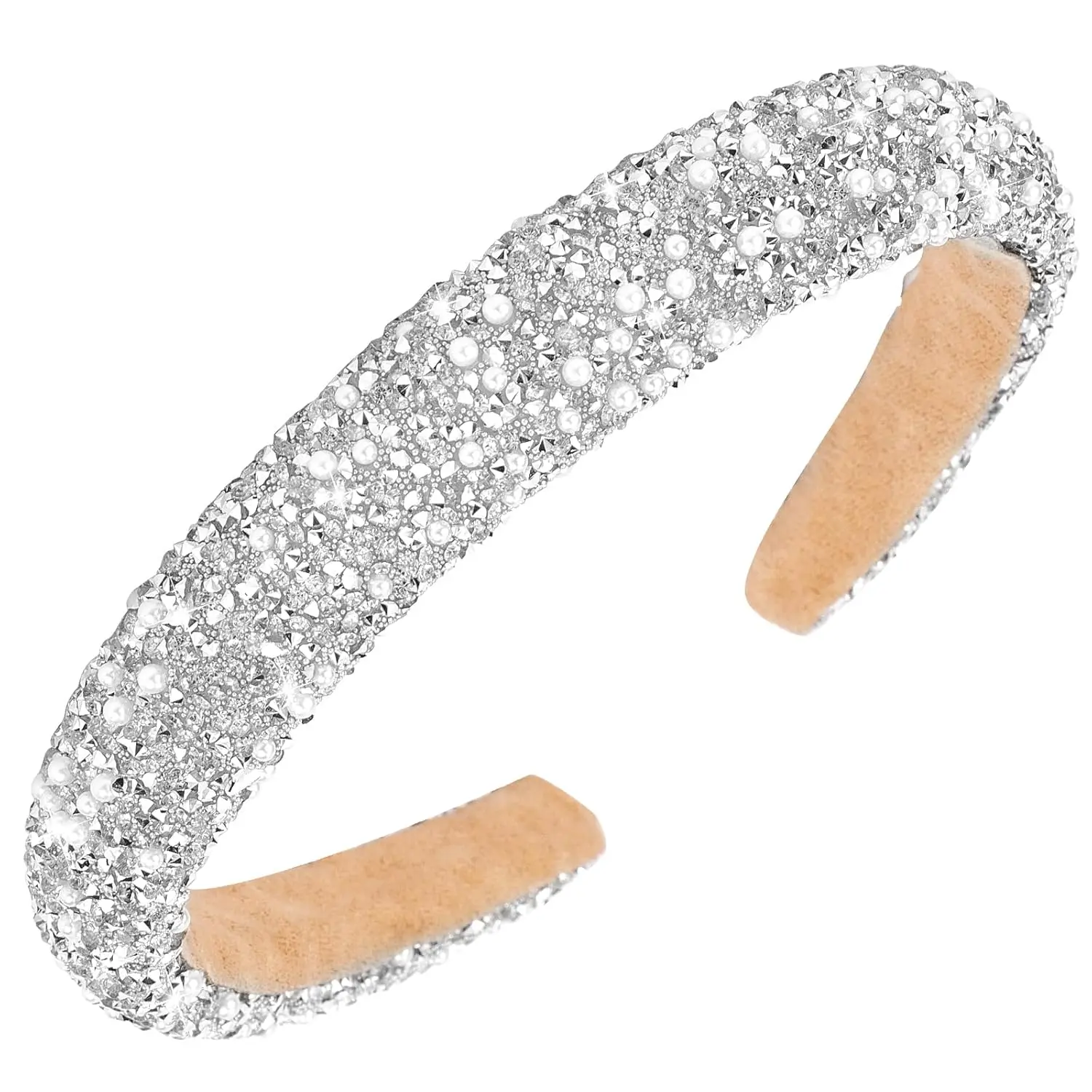 Women's White Padded Headband Jeweled with Crystals, Pearls, and Rhinestones - Glitter Hair Accessory for Prom & Weddings, One Size