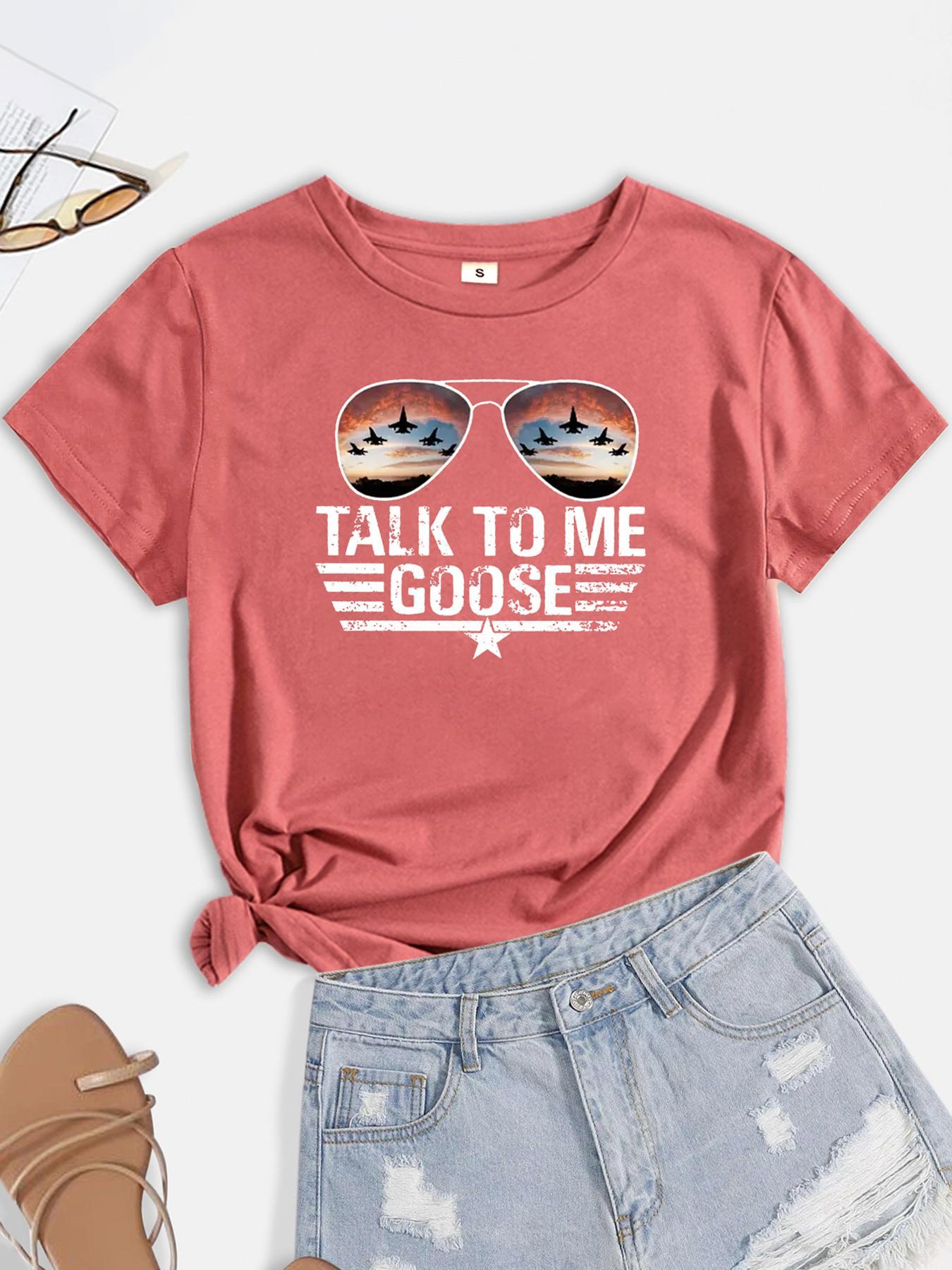 Women's Glasses & Letter Print Round Neck Tee, Short Sleeve Graphic T-shirt For Summer, Women's Top For Daily Wear