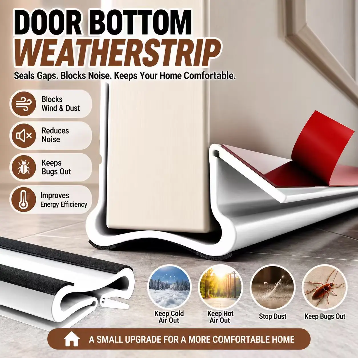Door Draft Stopper, Triple Seal PVC Door Bottom Weather Strip, Self-Adhesive Door Gap Seal for Wind, Noise & Draft Blocking