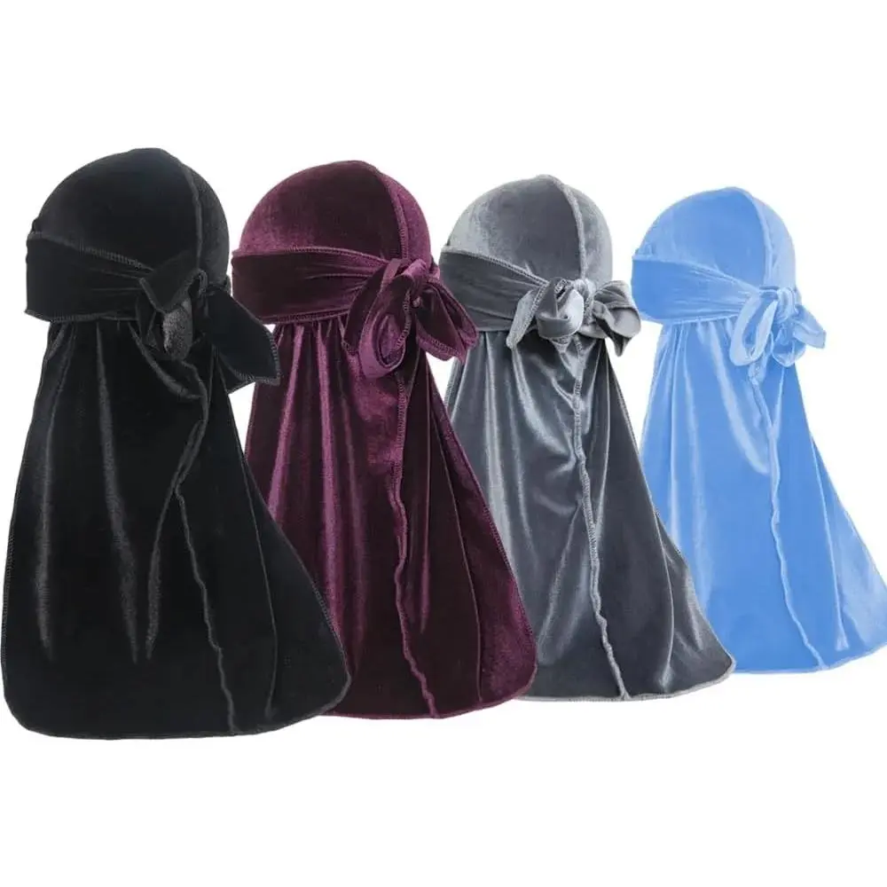 Velvet Durags for Men Premium Du Rags Pack of 4 for Men Women with Long Tail and Wide Strap