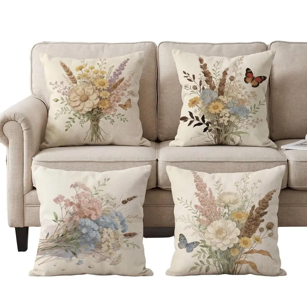 4-Piece Spring Wreath Cushion Covers, Floral & Butterfly Linen Pillowcases, Boho Style Decor for Bedroom, Sofa, Chair, Car