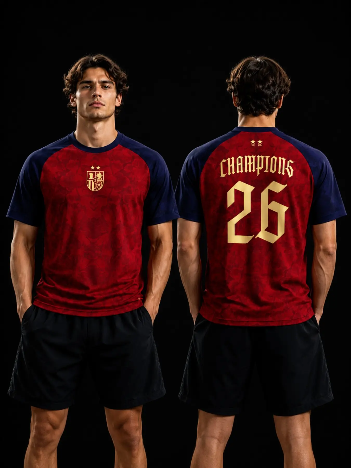 Spain 2026 Champion Football Jersey Men's Quick-Dry Short Sleeve Fan Memorial T-Shirt with Number 26, Casual Long Sleeve Top for All Seasons