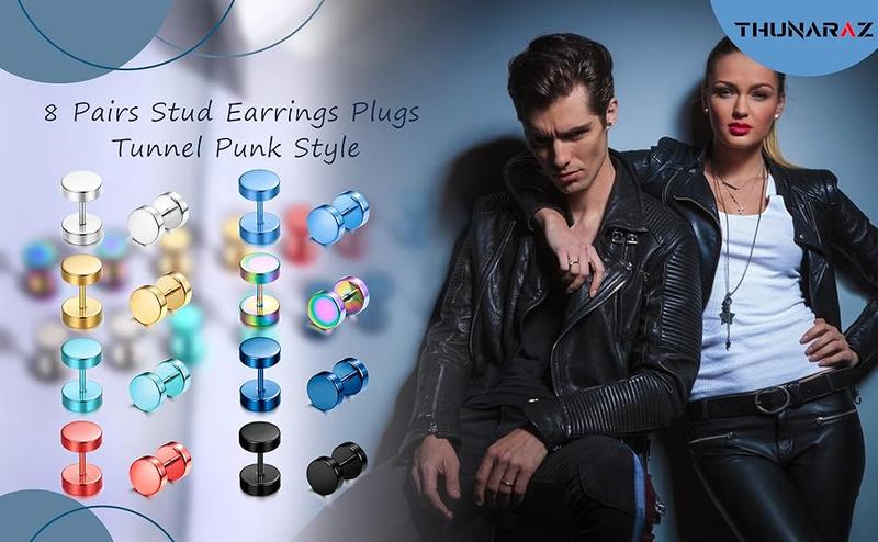 THUNARAZ 8 Pairs Unisex Rainbow Piercing Plugs Dot Earrings For Men Women Stainless Steel Jewelry Accessories Tunnel Punk Style Stud Earrings Fake Gauge Screwback Earrings 6/7/8mm Fashionable men's earrings non tarnish jewelry for Christmas Gift