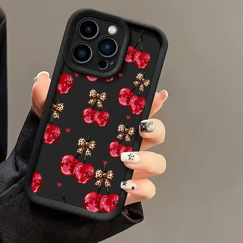 Phone Case - Cherry Pattern Phone Case Black with Red Cherries And Leopard Bow Design for iPhone 17 E Air 16 15 14 Pro Max Plus 13 12 Mini 11 X XS XR