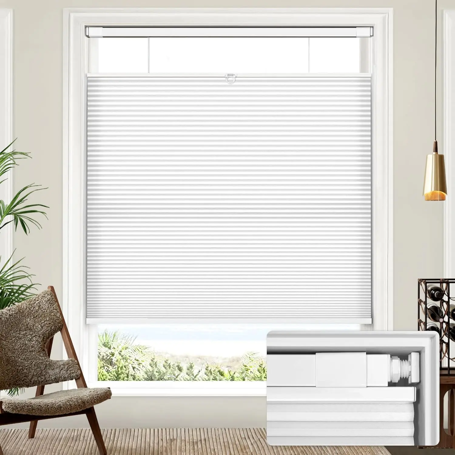 Upgraded Top Down Bottom Up (TDBU) Cordless Honeycomb Cellular Blinds, No Drill No Tools Easy Install Light Filtering Shades for Windows 35" W x 48" H, White