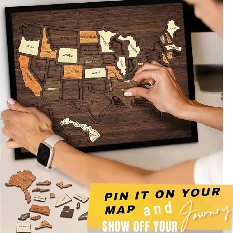 [Father's Day Gift] Map Puzzle – Wooden USA Travel Map Puzzle by Camdoor & Flinelife, Wooden Puzzles. An ideal gift for anniversaries, holidays, couples—perfect for documenting journeys, cherishing memories, home décor