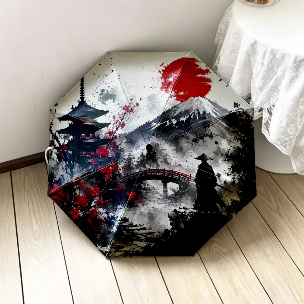 1PC Japanese Style 2D Flat Print Folding Umbrella, with Pagoda Mount Fuji Samurai Pattern, optional internal print or external print, suitable for daily commuting, travel, outdoor excursions