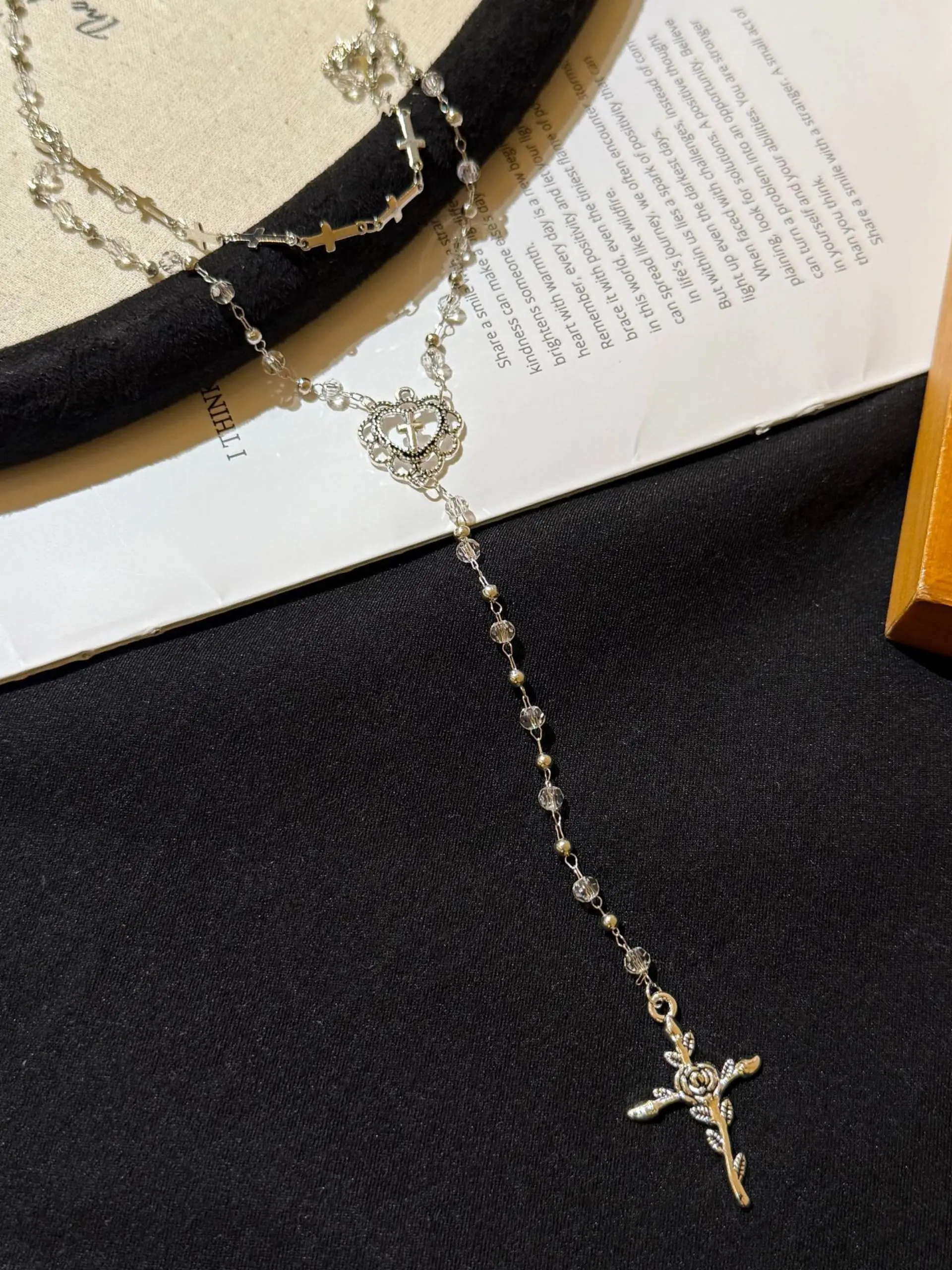Cross Necklace Heart Pendant Y-Chain Design Beaded Chains, Transparent Beads, Luxury Unique Asian Style Jewelry for Women, Music Festival Accessory