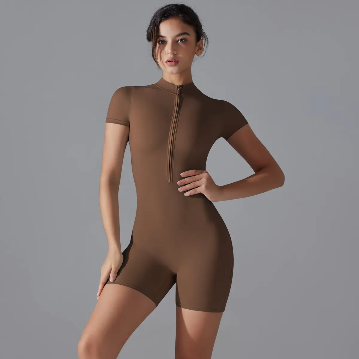 Women's Half Zip Short Sleeve Unitard, Stretchy One-Piece Shorts Jumpsuit, Breathable Activewear for Yoga Dance Gym Workout Daily Wear