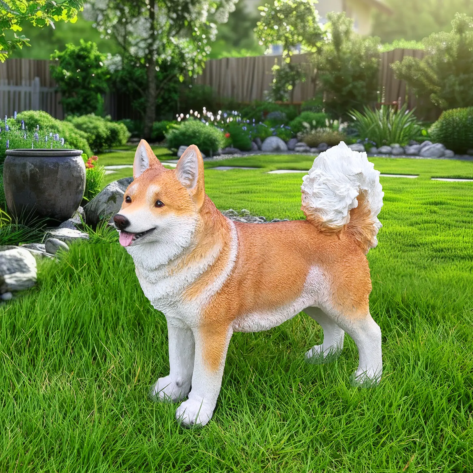ARCH Lifelike Shiba Inu Dog Statue Resin Animal Figurine Brown White Hand Painted Garden Sculpture Outdoor Yard Lawn Patio Home Decor Art Craft Gift for Dog Lovers Weather Resistant 11.8x14.2x5.9in, Brown+White Color Options, Resin Material