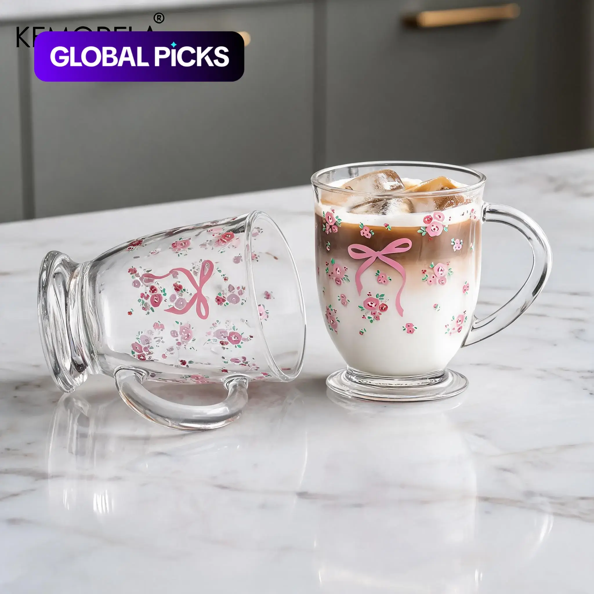 Kemorela Floral Bow Design Glass Set, Durable Glassware, 450 mL Reusable Hand-Washable Glasses, Perfect for Christmas & Festive Occasions, Stylish Glass Cups #GLOBAL PICKS