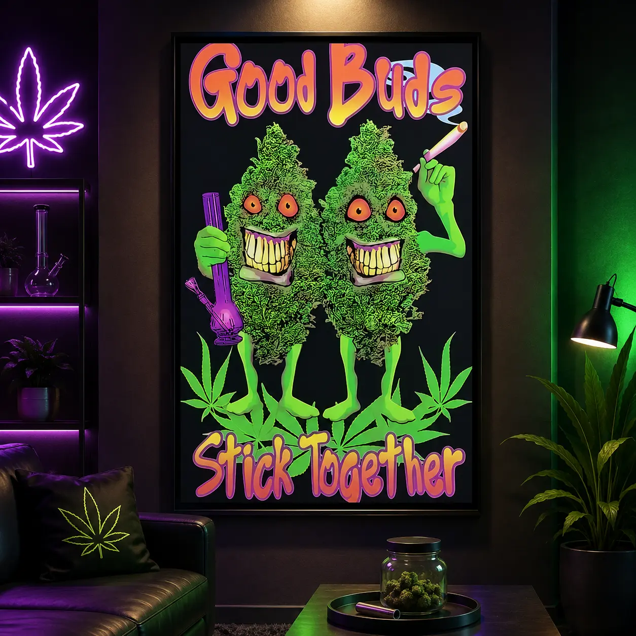 "Good Buds Stick Together" Blacklight Pot Poster - Vintage Waterproof Artistic Print, Home Bathroom Wall Art, Cool Room Decor, Kitchen Decor, Canvas Wall Art Print, Funky Retro Poster, Bathroom Dorm Apartment Gift Decor