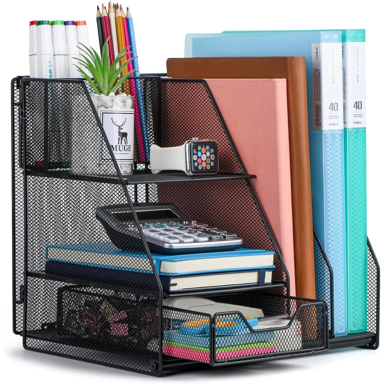 Desk Organizers and Accessories for Office, School & Study | 2-Tier Paper Letter Tray, Drawer & 2 Pen Holders