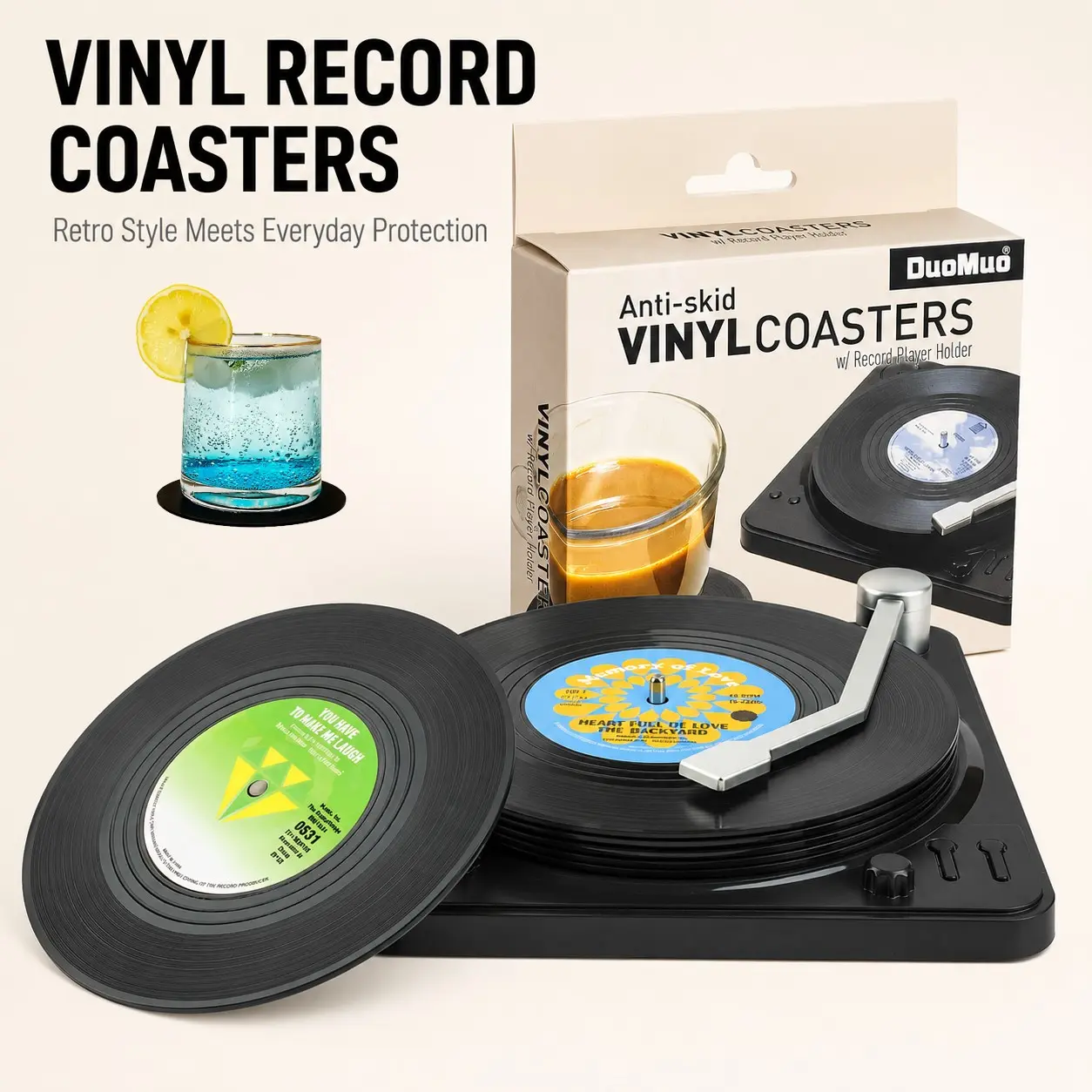 Funny Retro Record Coasters for Drinks with Vinyl Player Holder - Set of 6 Coaster White Elephant Gifts for Music Lovers, Conversation Piece Sayings,Housewarming Hostess Wedding Registry Gift Ideas