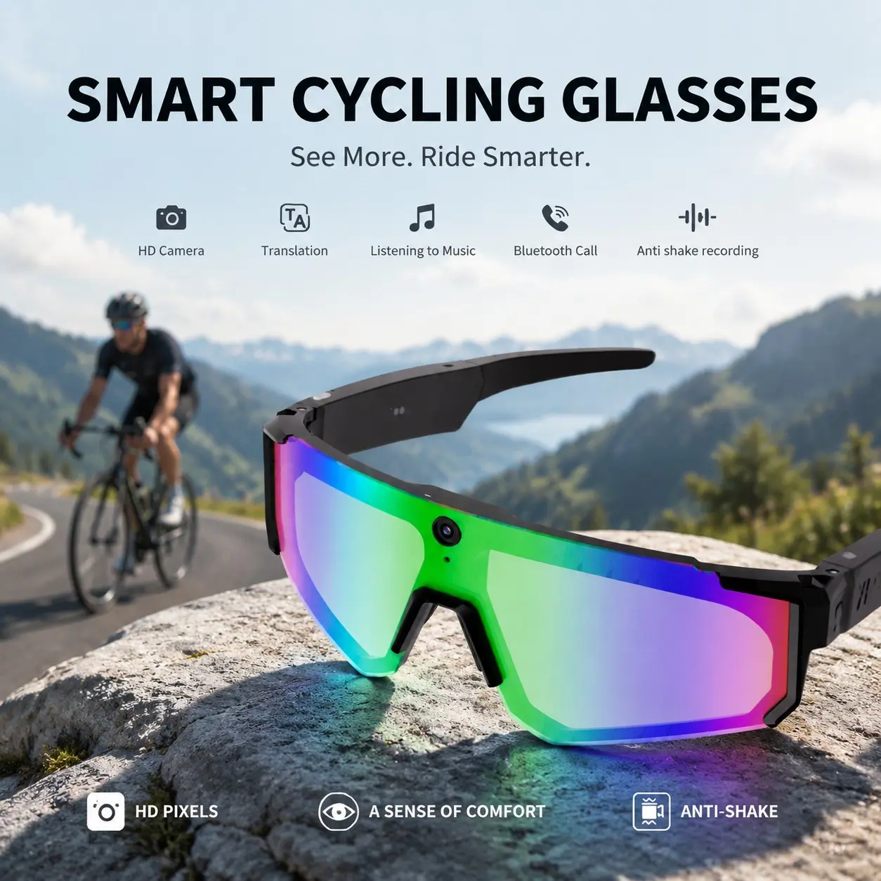 New Ai Smart Glasses with Voice Assistant, HD Camera, Video Recording, Real-Time Translation, Designed for Outdoor Sports Enthusiasts