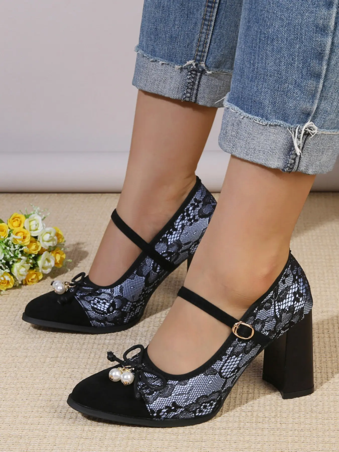 Women's Wide Fit Pointed Toe High Heel Shoes, Dress Pumps Shoes, Elegant Buckle Design, Comfortable Block Heels, Perfect for Office & Daily Wear