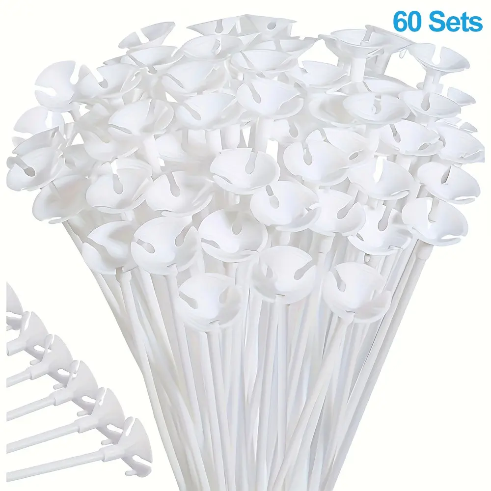 60 Sets Reusable White Plastic Balloon Sticks with Cups, Durable No-Helium Balloon Holders, Table & Arch Column Stand Decor for Wedding Birthday Christmas New Year Party