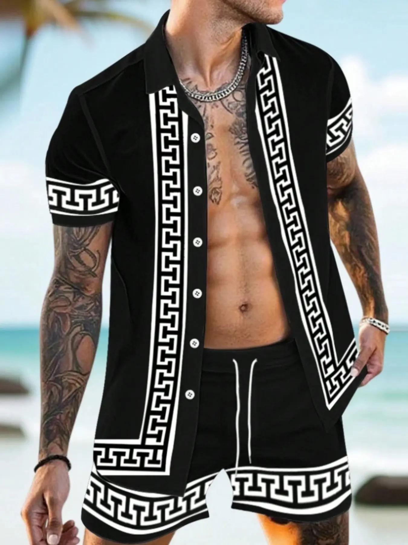 2PC Men's Summer Vacation Print Short Sleeve Shirt and Shorts Set, Fashion Fitted, Casual Wear, Perfect for Warm Weather