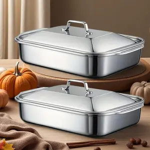 Extra Large Heavy Duty Stainless Steel Baking Pan Set with Lids 2/4/6/8 Pack, Nonstick Deep Roasting Pan for Oven, Turkey Chicken Fish Meat, Baking Tray for Bread Cake Lasagna Vegetables, Durable Thick Rectangle Bakeware, Easy Clean Dishwasher Safe