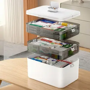 Multi-Layer Medicine Storage Box, Portable Home Emergency Organizer, Snap Closure, Durable Plastic, Rectangular Shape