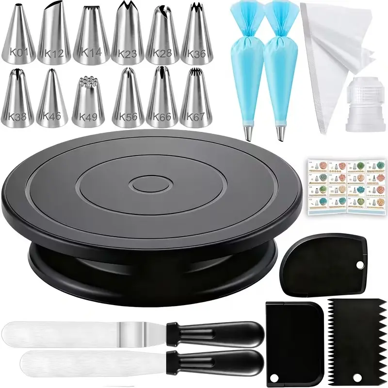 71pcs Stainless Steel Piping Tips & Cake Turntable Set, Includes 12 Tips, 2 Reusable Bags, 50 Clear Bags, 2 Converters, 2 Spatulas, 3 Scrapers