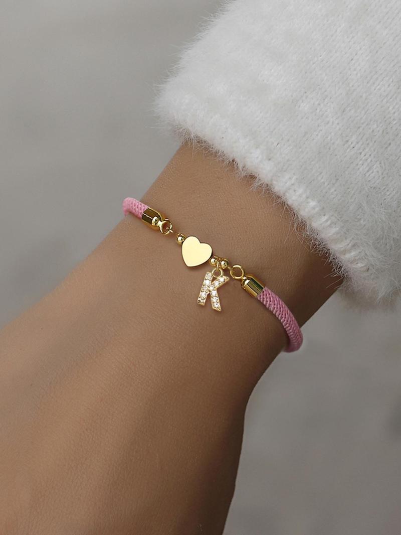 Initial Heart Charm Letter Link Bracelet, Fashion All-match Jewelry for Women, Retro Adjustable Rope Bracelet for Daily Use