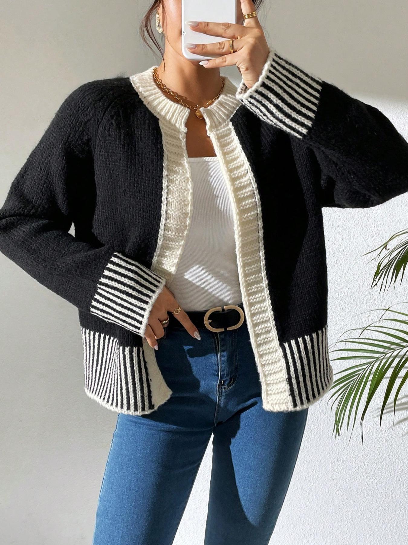 Women's Striped Print Contrast Binding Raglan Sleeve Cardigan, Casual Long Sleeve Open Front Knitwear for Fall & Winter, Fashion Women's Knit Clothing for Daily Wear Women's Striped Print Contrast Binding Raglan Sleeve Cardigan, Casual Long Sleeve Open Front Knitwear for Fall & Winter, Fashion Women's Knit Clothing for Daily Wear