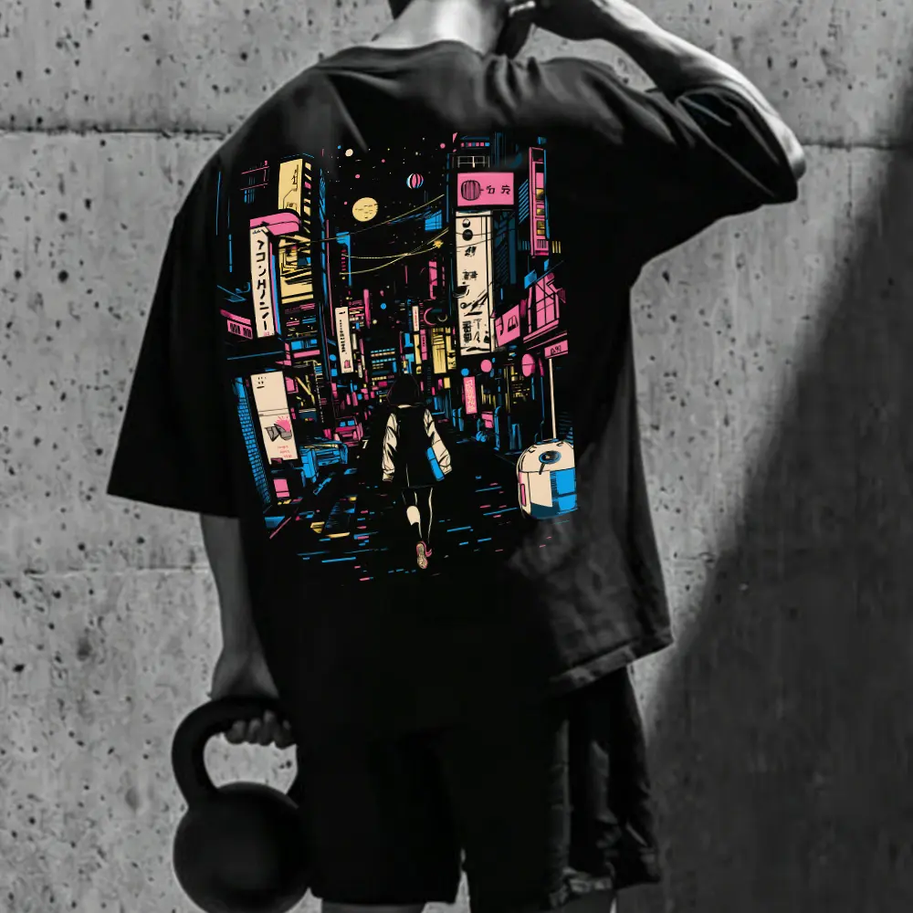 Synthwave Neon City Graphic Tee | Aesthetic Retro Anime Oversized T-Shirt | Unisex Vintage Washed Hip Hop Top