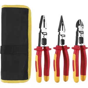 Insulated plier set, multifunctional insulated electrician's pliers, comes with a storage bag, includes flat-nose pliers/needle-nose pliers/cutters, used for tightening, crimping, stripping wires, and cutting