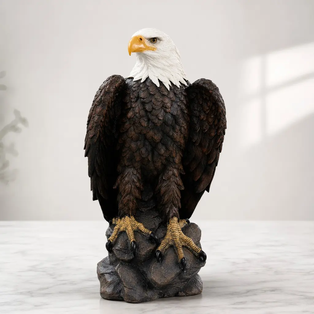 Resin Standing Bald Eagle Sculpture, 13"H x 24.4"L Large Hand-Painted Patriotic Decor, Indoor-Outdoor Garden Statue, Brown