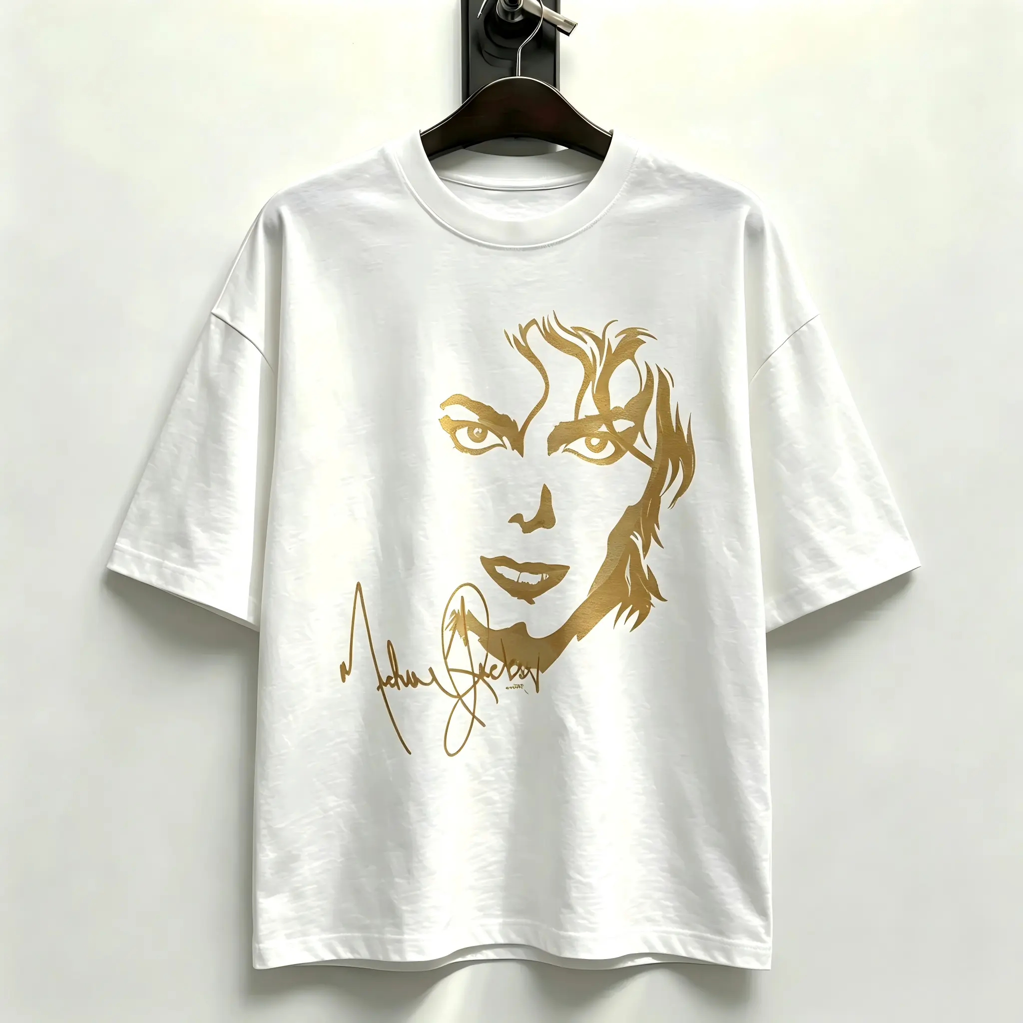 Full Center Gold Foil Thin Line Face Sketch Signature Print Cozy Casual White Oversized Lounge Wear For Classic Retro Pop Fans Clean Minimal Stage Tribute Tee Large Front Line Art Top everyday casual tee gold line portrait shirt vintage pop legend top