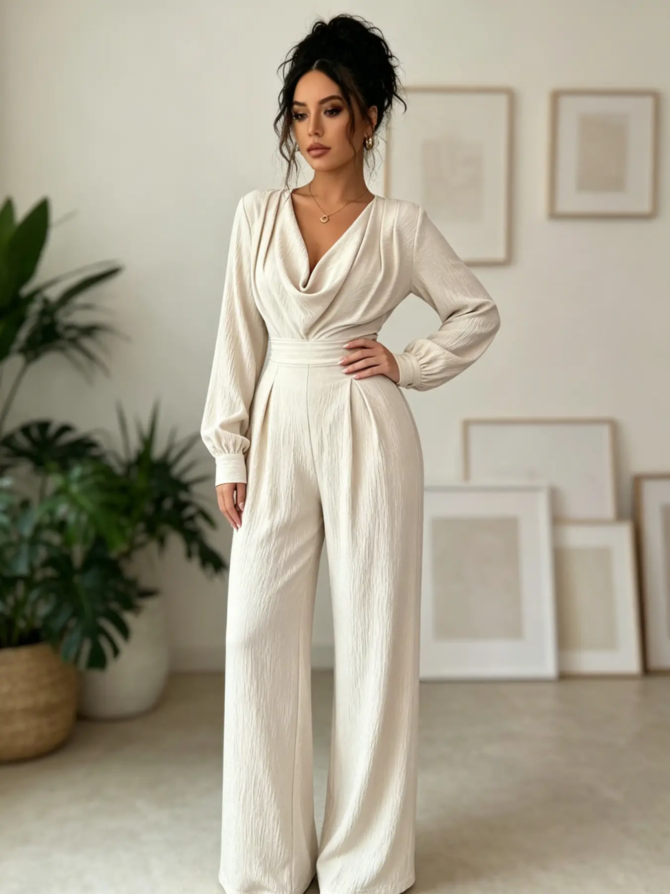A fashionable women's beige swing collar long sleeved wide leg jumpsuit, with a high waist and a cinched waist that looks taller and slimmer, suitable for commuting to work, shopping and outdoor activities, indoor and outdoor dressing