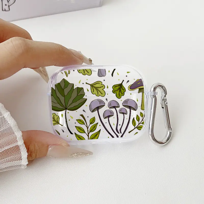 Forest Leaf Mushroom Pattern TPU Soft Protective Case for Apple AirPods 4/3/2/1/Pro/Pro2 Transparent Earphone Cover with Keychain Attachment