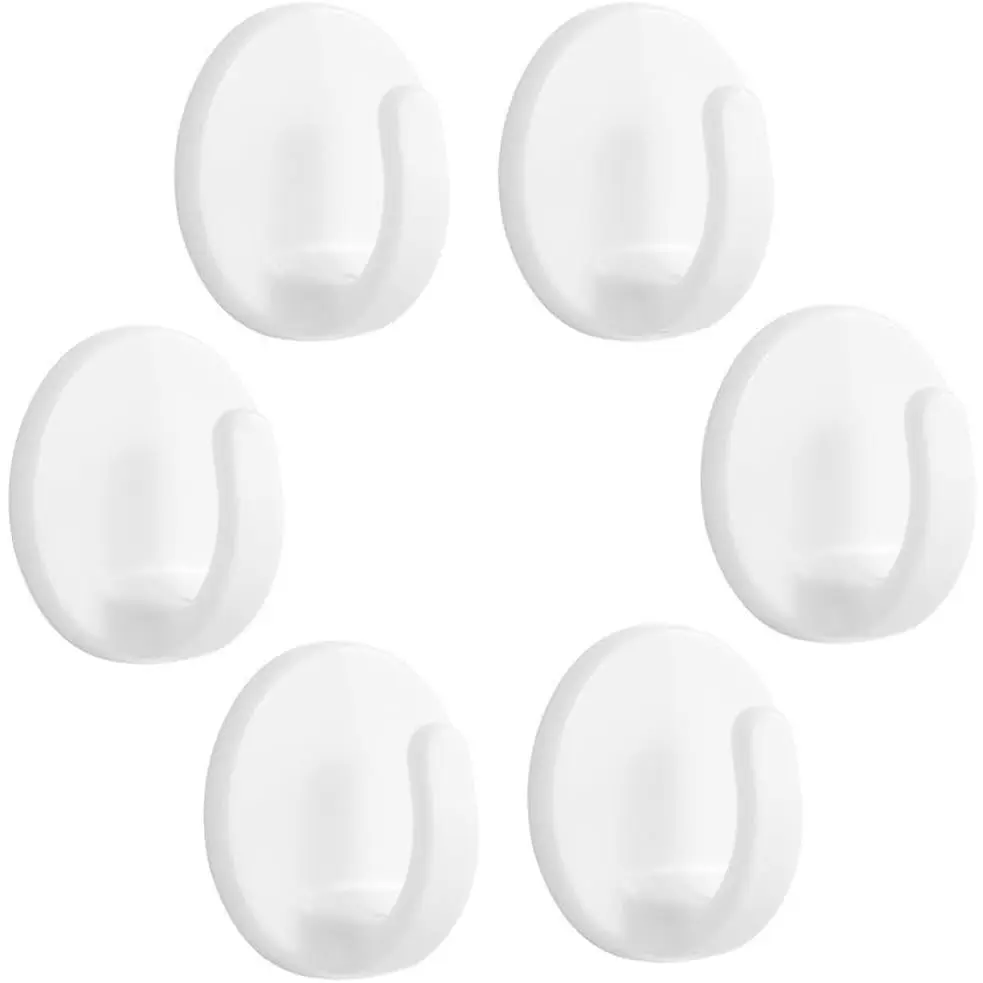 6 count Adhesive Plastic Hooks - Small Wall Hooks for , Drill-Free, Seamless - Kitchen Bathroom - 44 * 44 * 25 mm, White (for 2.5 LB)