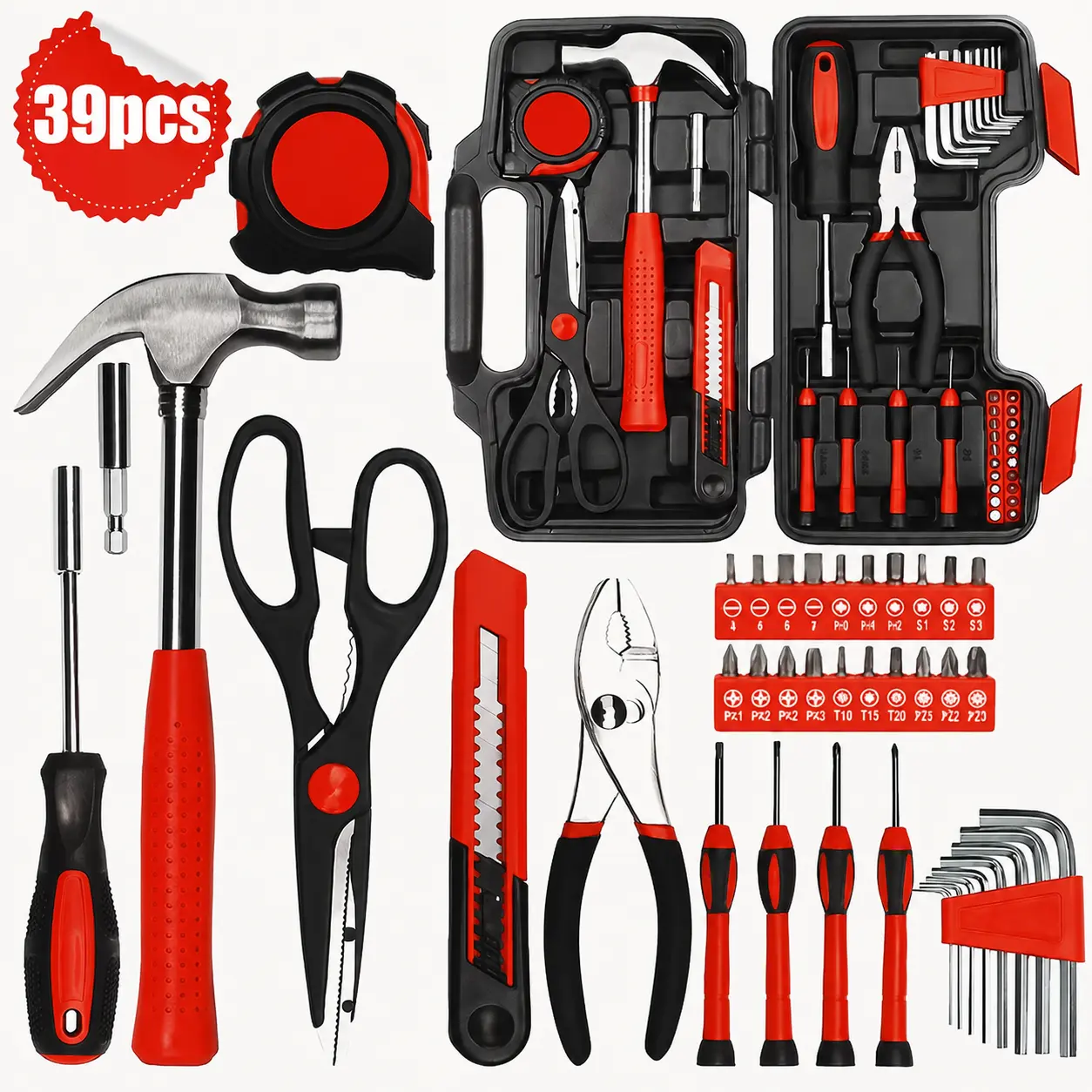 39pcs Red Tool Kit |   Includes Screwdriver, Utility Knife, Scissors, Tape Measure, Hammer, Internal Hex Wrench, Pliers |   Suitable for Home, Garage, Garden, Office, College Dormitory |